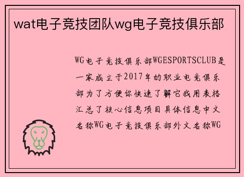 wat电子竞技团队wg电子竞技俱乐部